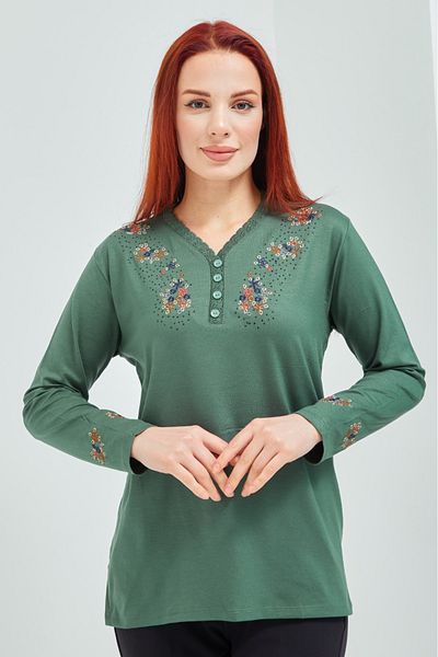 Stilmony Women's Green Floral Casual Lycra Combed Cotton Blouse