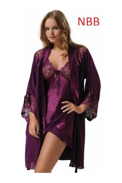 NBB Dantel Detaylı Asimetrik Kesim Saten Gecelik Sabahlık Takımı 3820