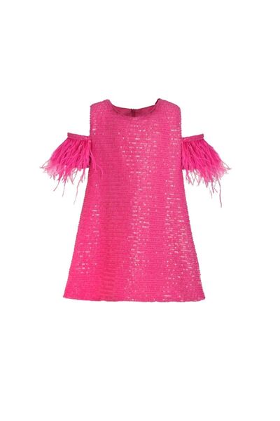 mon icone pembe tüy detaylı payet elbise