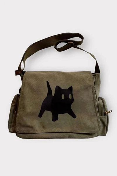 DEEFWEAR Τσάντα Messenger με μοτίβο γάτας σε χακί χρώμα