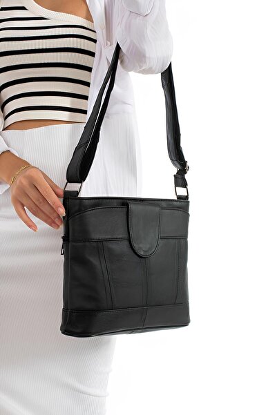 Erzeno Geantă de umăr pentru femei din piele naturală - cu mai multe compartimente și curea încrucișată