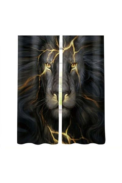 Elmas Dizayn 3D Digital PrinteD BackgrounD Curtain Lion - 140 Cm * 240, Double Wings, 2 Pieces