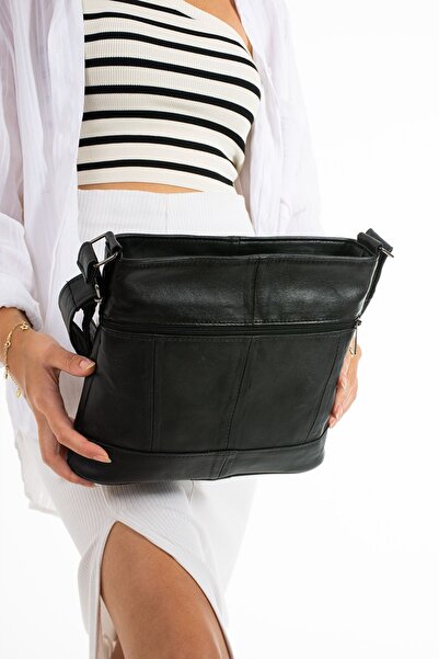 Erzeno Geantă de umăr pentru femei din piele naturală - cu mai multe compartimente și curea încrucișată