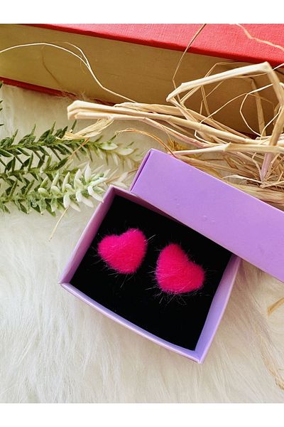 1PARÇAMAVİ Furry plush heart clip compression earrings - no pierced ear earrings