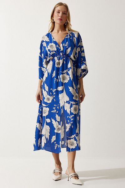 Lovelyİstanbul Rochie de vară din viscoză crem albastră - guler înfășurat, cu model Ldk0003