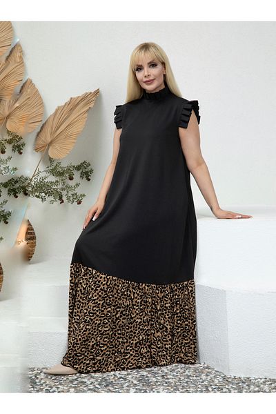 LİKRA Rochie de marime mare din crepon dublu elastic - cu mâneci cu guler și detaliu pliat
