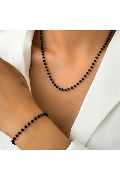 MutluBiDünya Vintage Siyah Kristal Boncuklu Kolye Bileklik Seti