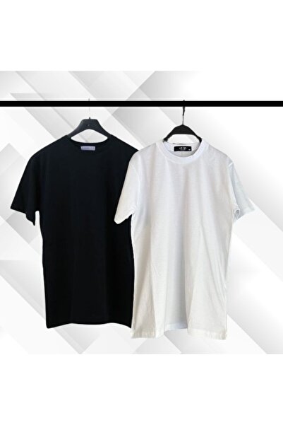 Siyah Beyaz Bisiklet Yaka %100 Pamuk Likralı Kısa Kollu T-shirt
