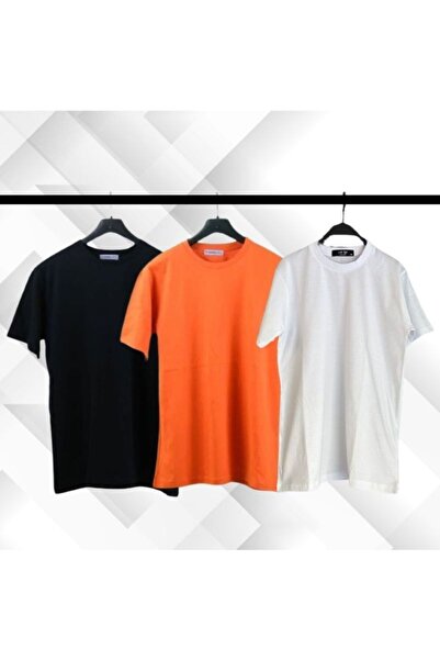 Beyaz Siyah Turuncu %100 Pamuk Likralı Bisiklet Yaka Kısa Kollu T-shirt