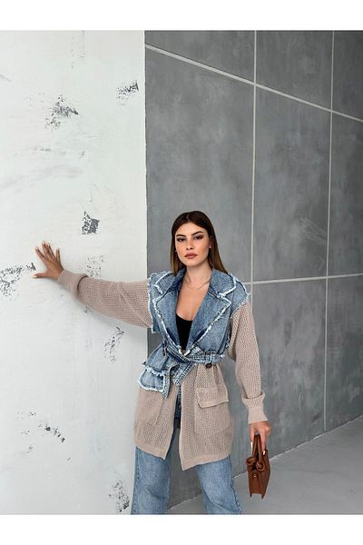 SOLİS MODA Πλεκτό τζιν μπουφάν με γαρνιτούρα