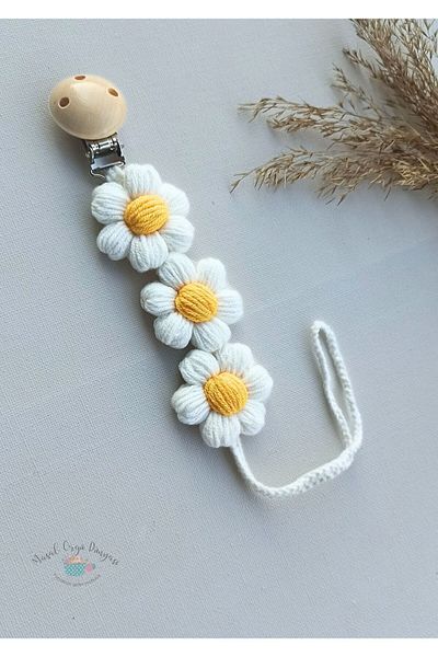 Masal Örgü Dünyası Puff Daisy Pacifier Strap / Chain New Collection from Natural Strings
