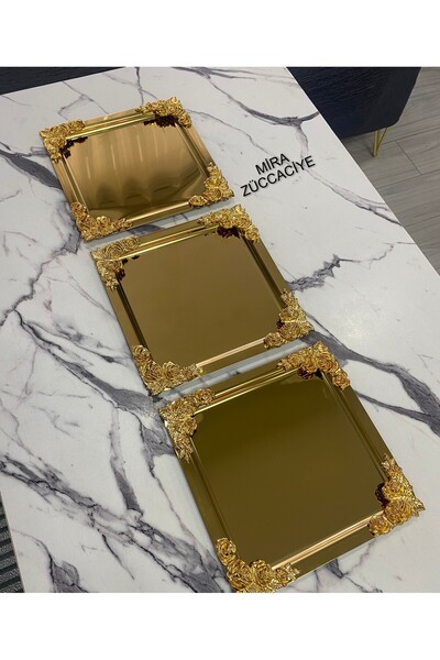 Mira züccaciye 3'Lü Lüx  4 köşesi Gold Çiçekli Gold Kare Kaplama Model çay,kahve,ikram servis Sunum Tepsisi 21x21