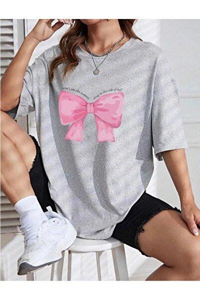 CAST COLLECTİON Tricou de damă supradimensionat gri - imprimat cu panglici