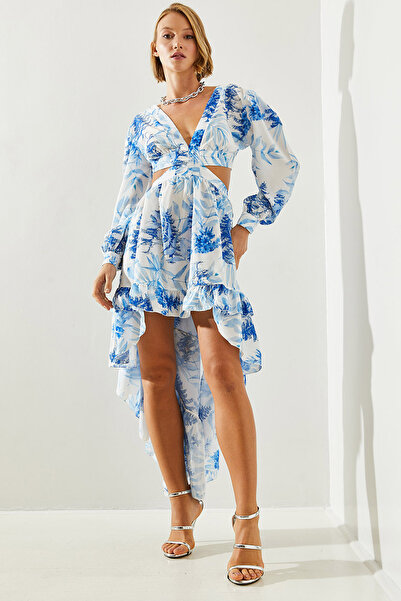 Bianco Lucci Γυναικείο φόρεμα με V λαιμόκοψη - Κοντό μπροστά, μακριά πίσω και λεπτομέρεια χαμηλού κοπής 22273 60251710