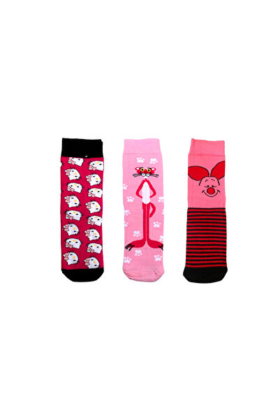 AL Bİ 90LIK 3 Pack Hello Kitty, Pink Panther and Piglet Themed Cotton Socks