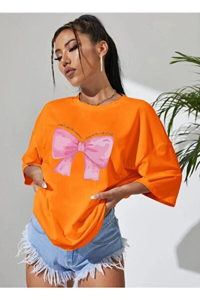 CAST COLLECTİON Γυναικείο μπλουζάκι Oversize με πορτοκαλί κορδέλες