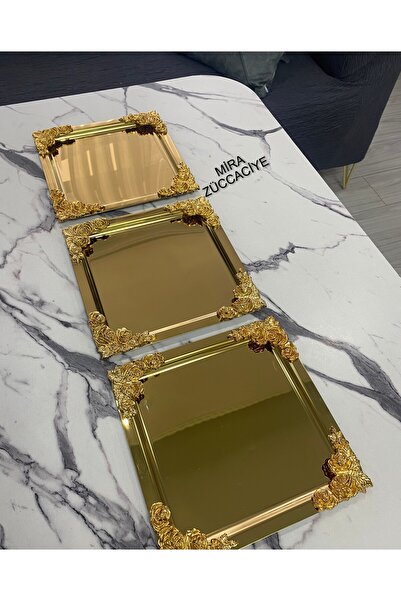 Mira züccaciye 3'Lü Lüx  4 köşesi Gold Çiçekli Gold Kare Kaplama Model çay,kahve,ikram servis Sunum Tepsisi 21x21