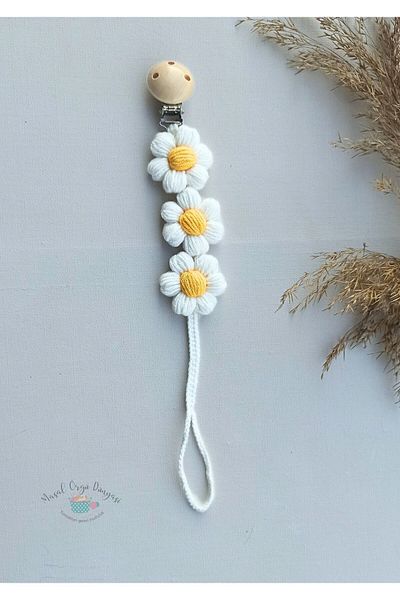 Masal Örgü Dünyası Puff Daisy Pacifier Strap / Chain New Collection from Natural Strings