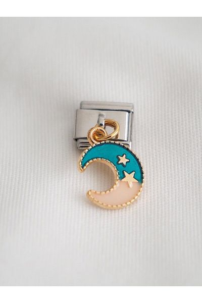 Planet Butik Italian Charm - Hanging Blue and White Crescent and Star Pattern