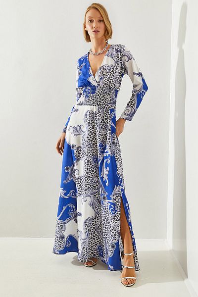 Bianco Lucci V-neck Elastic Waist Patterned Long Women's Dress - 2142 60251711