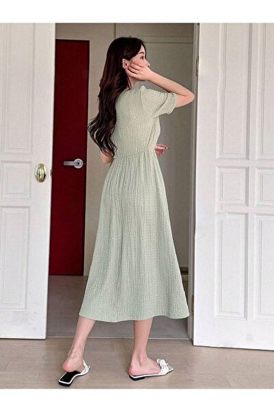 LC Waikiki Bej Bürümcük Detay Kısa Kol Midi Elbise