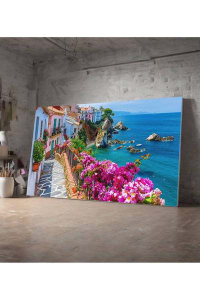 AR AJANS KANVAS TABLO Pembe Çiçeklerle Muhteşem Denizin Manzarasının  Birleşimi Dekoratif Kanvas TABLO