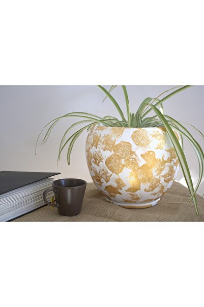 garden Moda Vazo 22 x 24 cm Gold Desenli Çömlek Vazo Toprak Vazo Dekoratif Va...