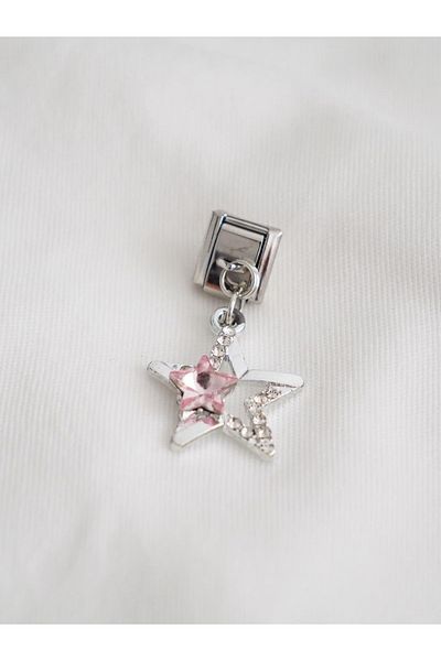 Planet Butik Pink Double Star Italian Charm with Dangle