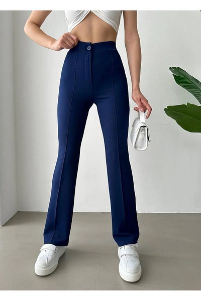 YMBRAND Women's High Elastic Waist Ribbed Stitched Decorative Button Grassy Spanish Leg Palazzo Pants