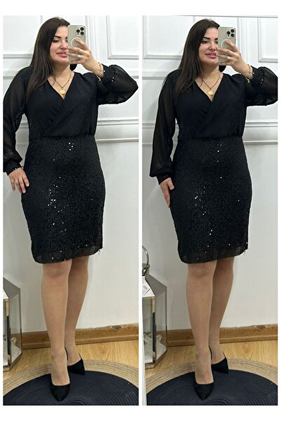 BUTİK MODA A070-Siyah payetli kruvaze elbise