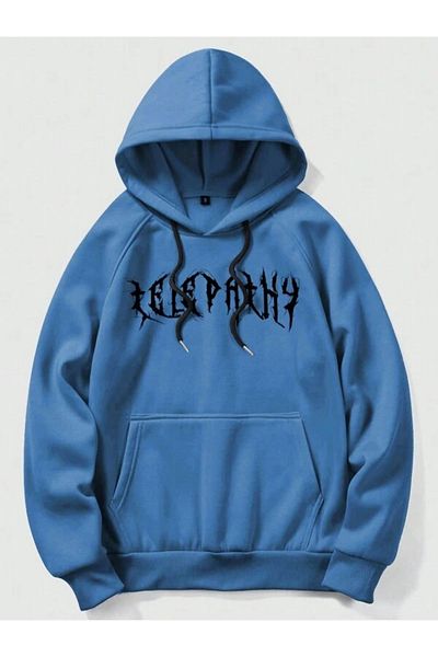 Black Sokak Blue Telepathy Printed Oversize Hooded Men's Sweatshirt
