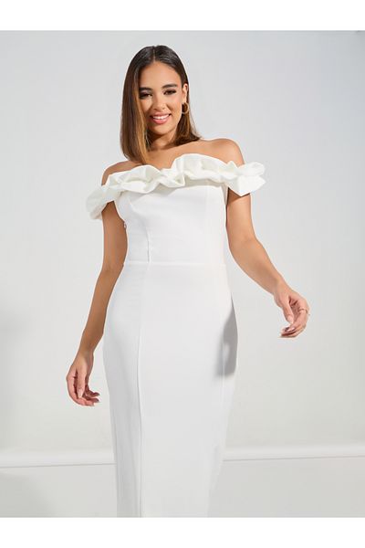 Styli Ruffled Off Shoulder Neck Sheath Midi Dress