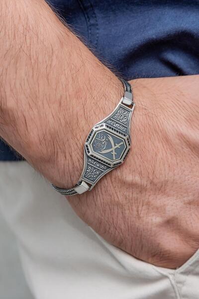 YÜZÜK SANATI Zülfikar Desenli Ya Ali Yazılı 925 Gümüş Erkek Bileklik