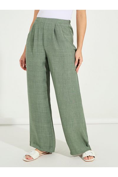 Styli Solid Wide Leg Linen Look Full Length Pants