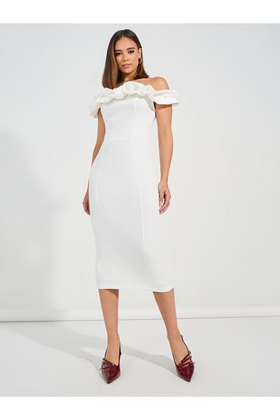 Styli Ruffled Off Shoulder Neck Sheath Midi Dress