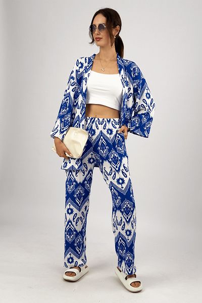 Betimoda Saks Blue Women's Palazzo Trousers and Summer 2-Piece Set - Lycra Wrapped Fabric