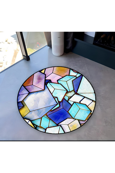 Rugs Modern Halı Mira Round Watercolor Look Colorful Cubes Patterned Woven Ba...