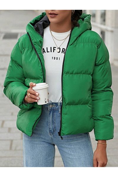 Kırmızı Zippered Hooded Puffer Jacket