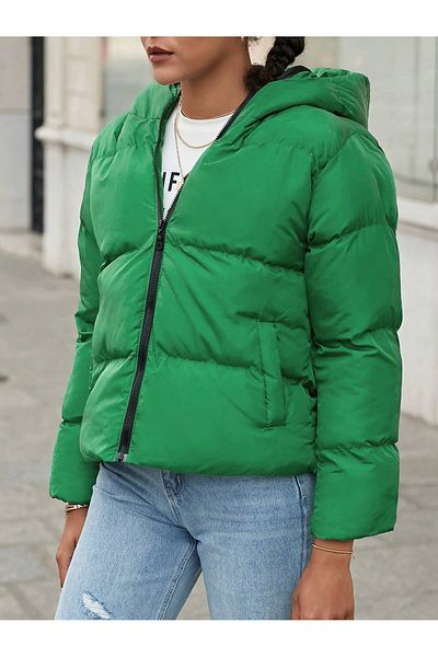 Kırmızı Zippered Hooded Puffer Jacket