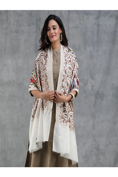 fiore fashion Pashtush Regal Floral Embroidery Extra Soft Wool Stole Scarf - Tres Chic Collection