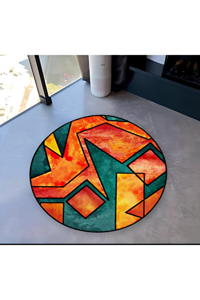 Rugs Modern Halı Mira Round Green Red Shapes Detailed Woven Base Modern Decor...