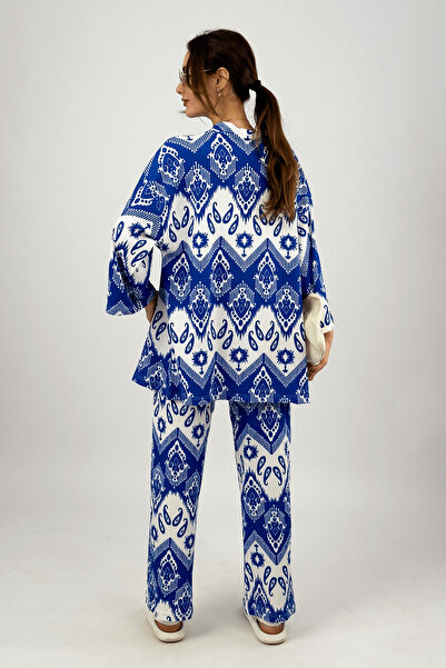 Betimoda Saks Blue Women's Palazzo Trousers and Summer 2-Piece Set - Lycra Wrapped Fabric