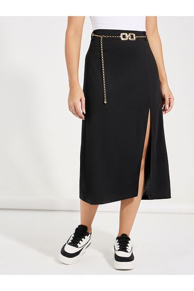 Causey By Styli Side Split Midi Skirt with Belt Loops