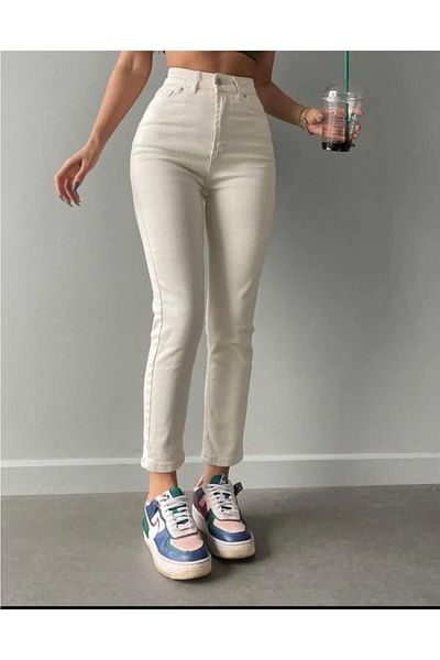MAKRAS EXCLUSIVE Κρέμα Mom Jeans Lycra Ψηλόμεση Κρέμα Mom Jeans Παντελόνι Extra Stretchy
