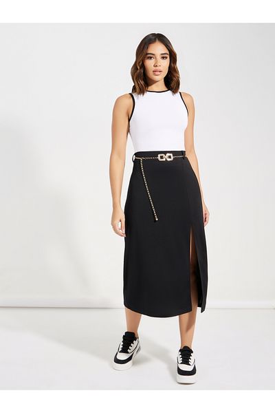 Causey By Styli Side Split Midi Skirt with Belt Loops