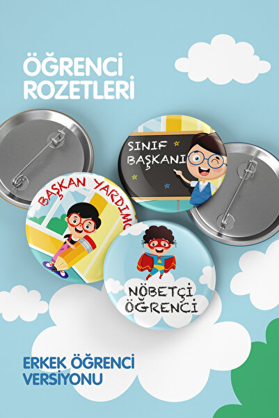 Varyant Öğrenci Rozet Seti- Sınıf Başkanı- İğneli Buton Rozet Seti -Broş - Ya...