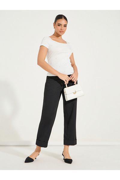 Styli Rib Knit Wide Neck Top with Pearl Embellished Detail
