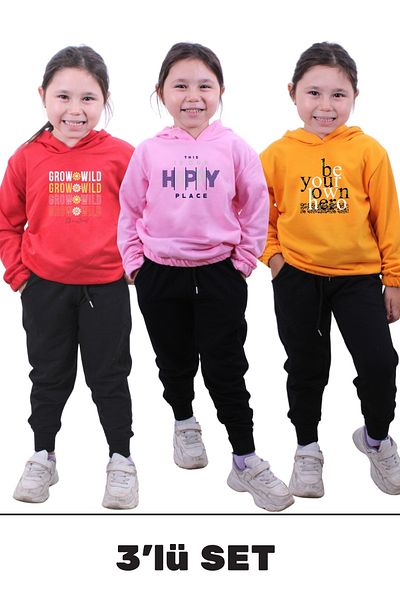 YA KO KİDS Комплект от 3 анцуга с качулка и два джоба за момичета Wild-Happy-Hero, червено-розово-оранжев