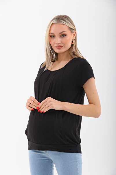 MEGHAN L.A Black Maternity & Maternity Soft Fabric Blouse with Breastfeeding Features