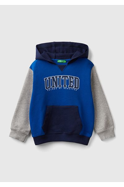 United Colors of Benetton Boy's Hooded Sweatshirt - Saks Blue Mix, Logo Printed, Kangaroo Pocket